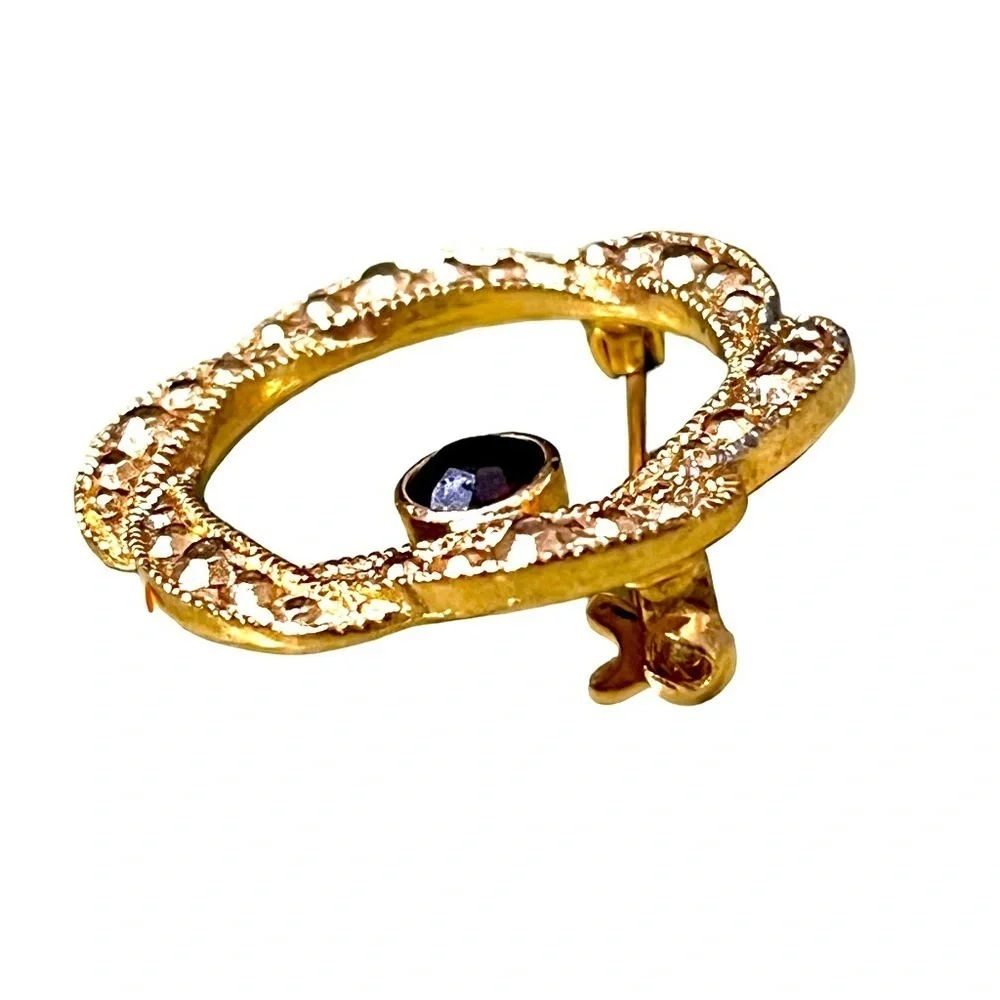 Vintage Round Gold Brooch With Dark Red Rhinestone 1”